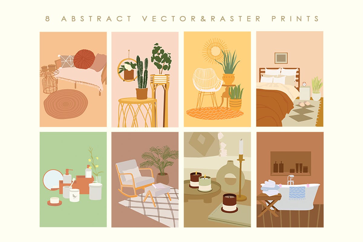 优雅时尚的温馨家庭装饰家居海报设计矢量插图模板Abstract Cozy Home Illustrations