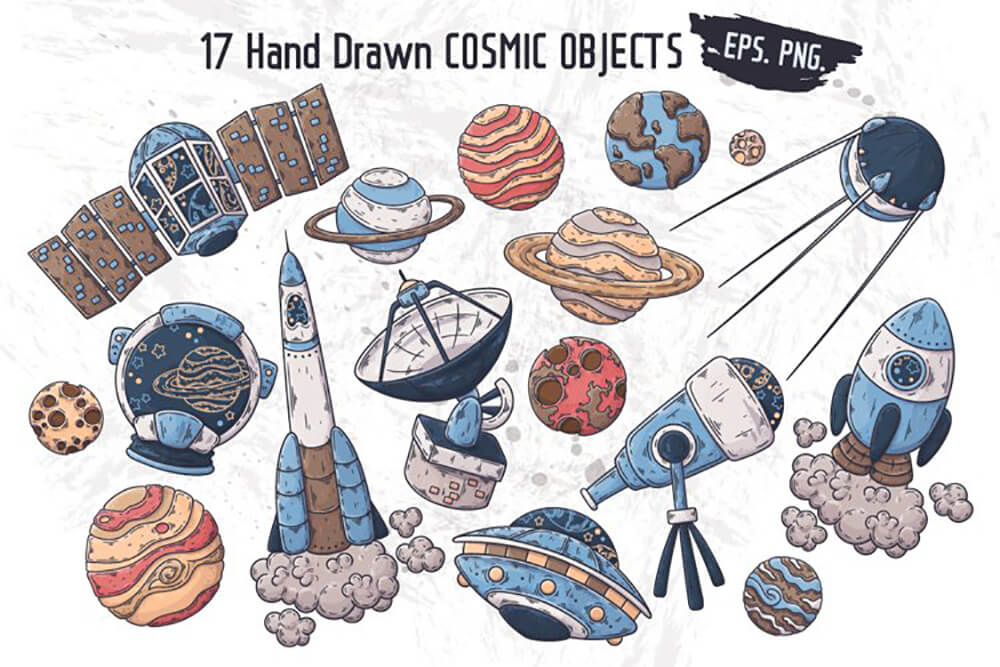 手绘太空宇宙元素插画背景图案设计素材