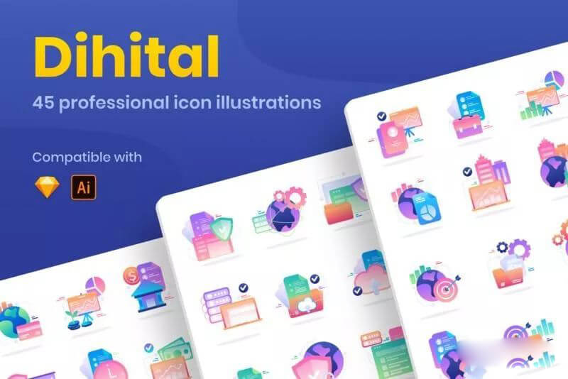 2020最新45个高端独特插图图标，商务/数据/财务风格，非常精美