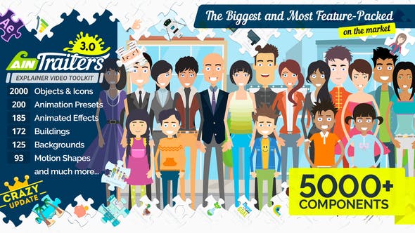 5000种终极二维卡通人物角色绑定场景图标MG动画元素工具包 AinTrailers v3.0