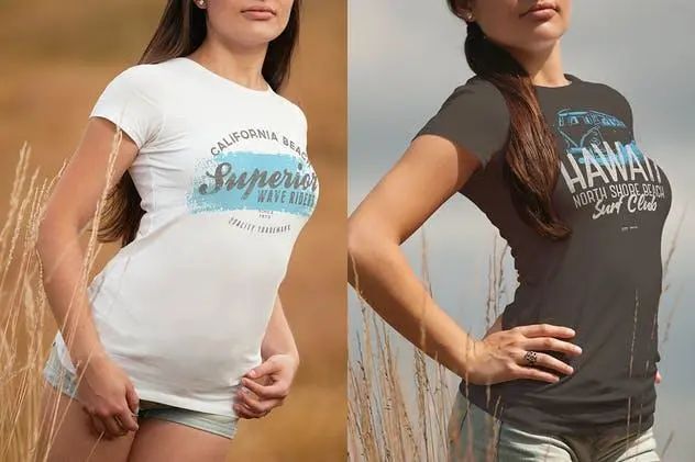 8款女性时尚圆领印花T恤样机PSD素材模板打包下载