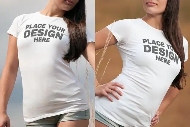 8款女性时尚圆领印花T恤样机PSD素材模板打包下载