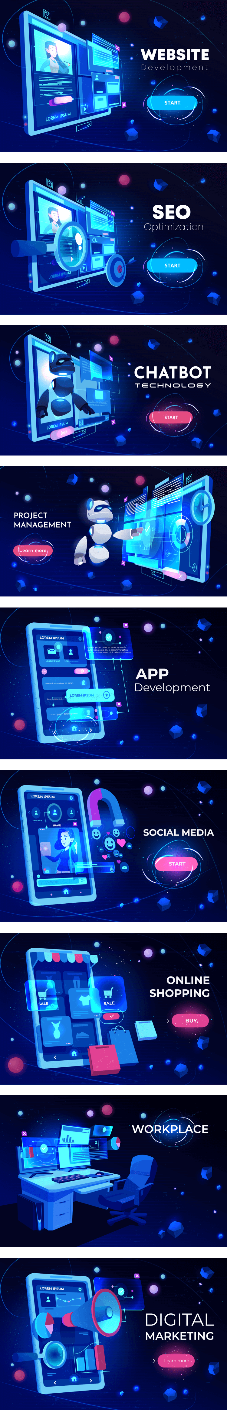 一组互联网风格绚丽亮光科技概念ESP矢量插画素材