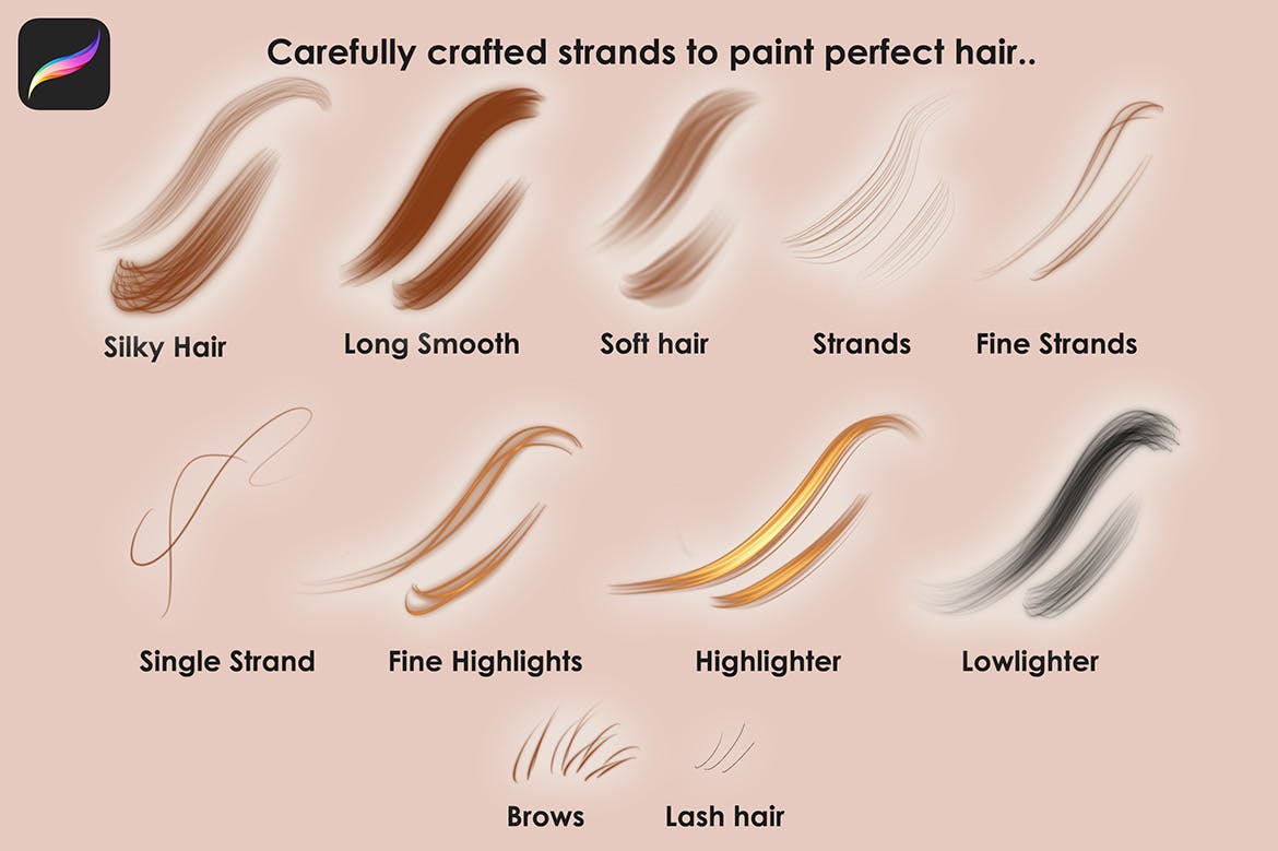 非常适合头发发丝的手绘绘画Procreate笔刷集合