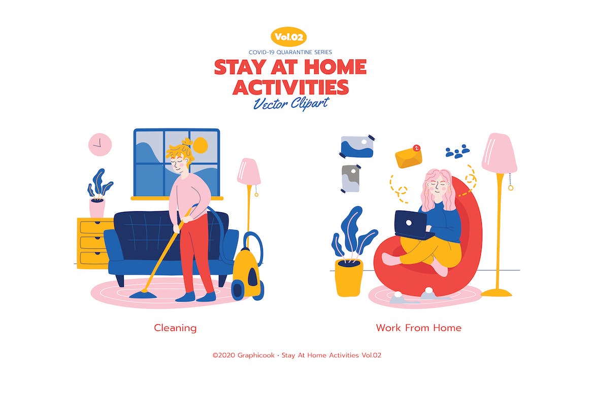 时尚可爱居家活动矢量插画大合集