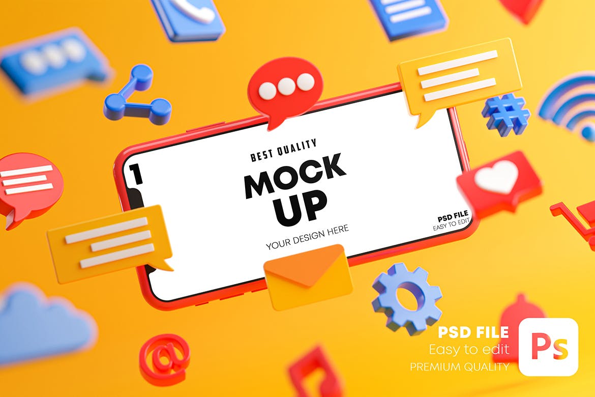 一组社交媒体3D样式手机PSD素材