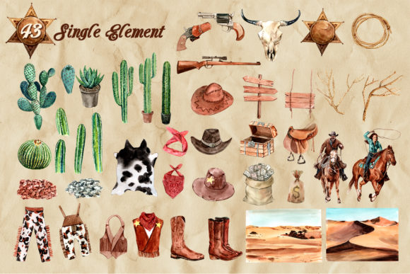 西部牛仔英雄故事水彩画PNG透明素材包