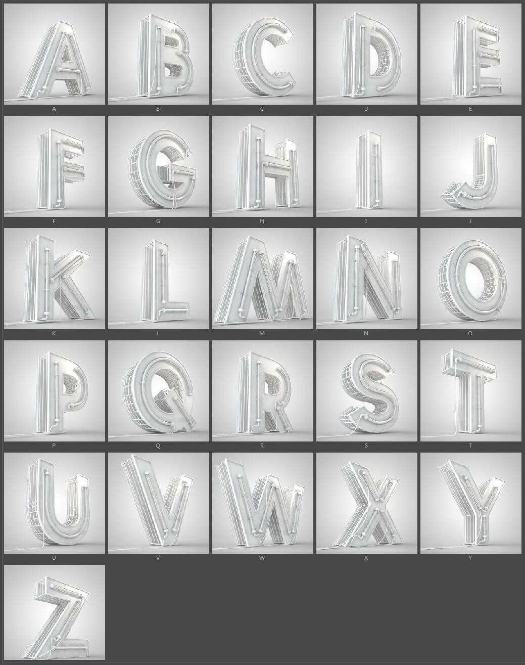 26个C4D霓虹灯字母模型，附赠PSD模板，帮你快速学习建模