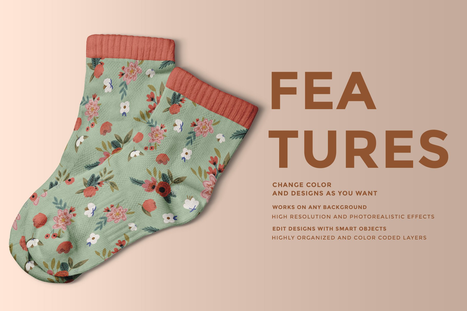 直观逼真顶视图筒袜子图案设计PSD样机