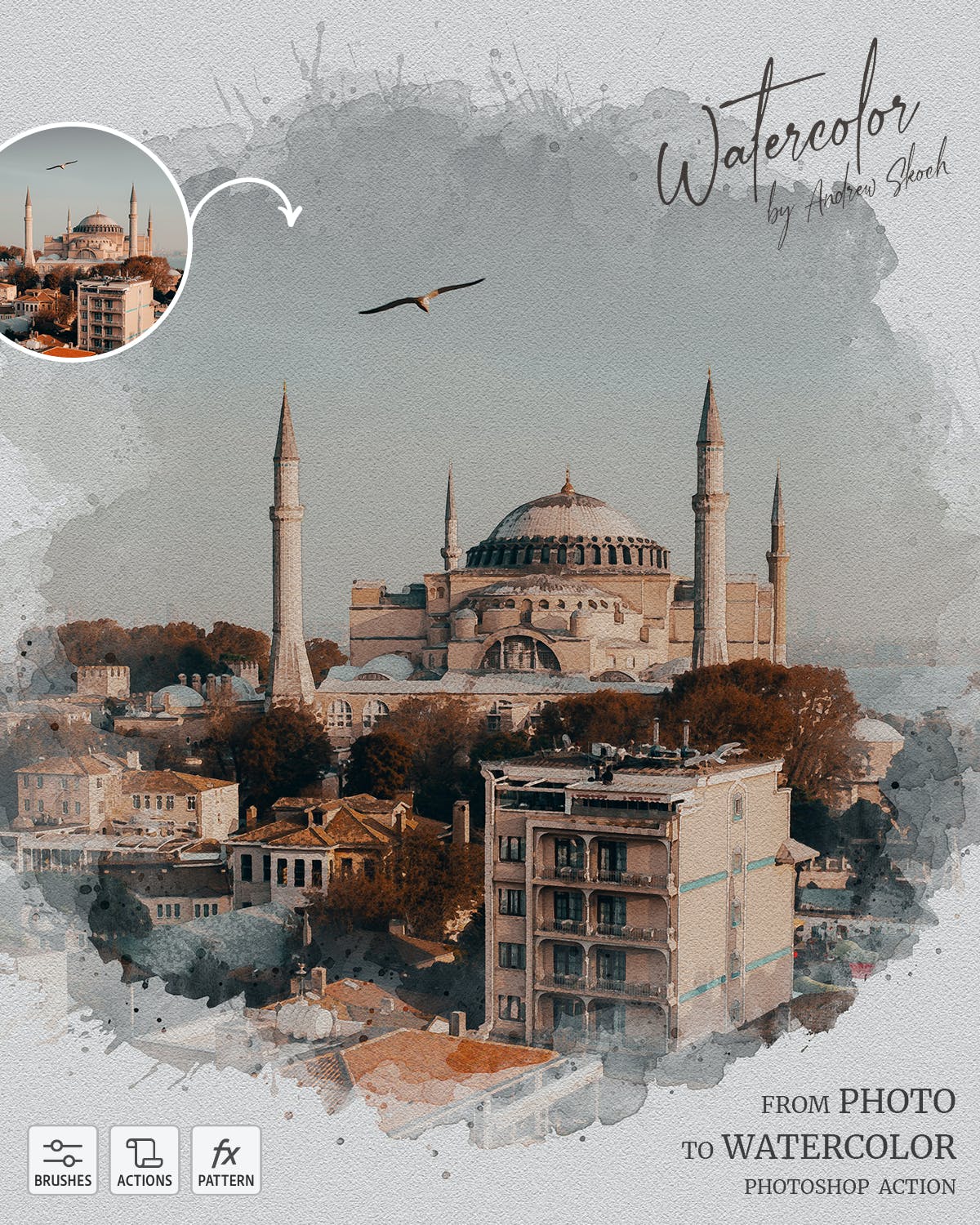 一键轻松照片转水彩画PS动作下载