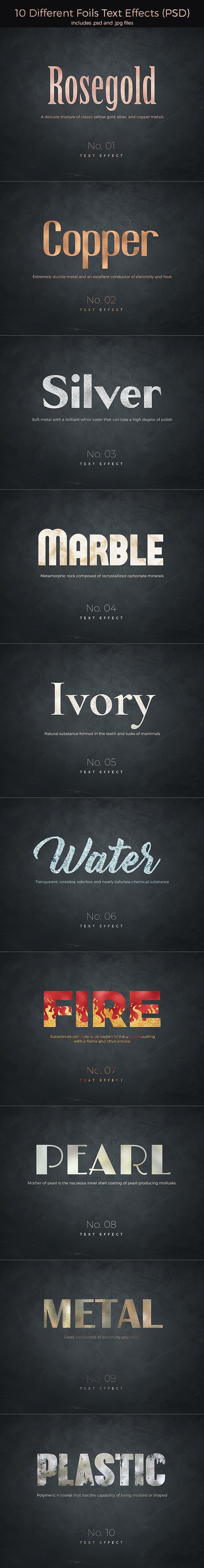 10种不同样式金属箔文本效果PSD素材
