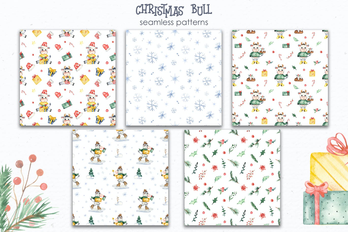 手绘水彩风格的新年圣诞节元素插画大集合