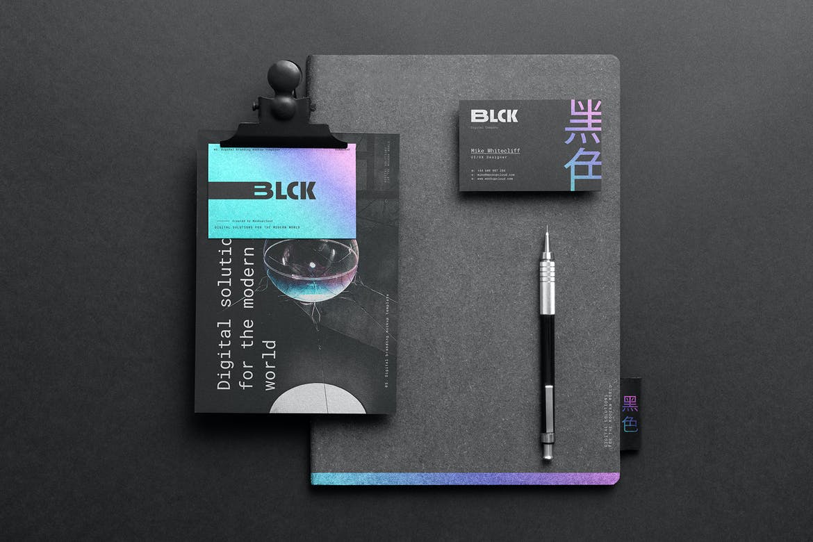 黑色系高端文具用品品牌样机PSD素材包
