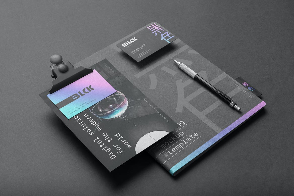 黑色系高端文具用品品牌样机PSD素材包
