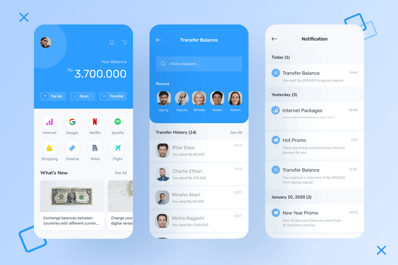 高品质蓝色移动手机钱包微信支付宝余额APP UI KIT素材