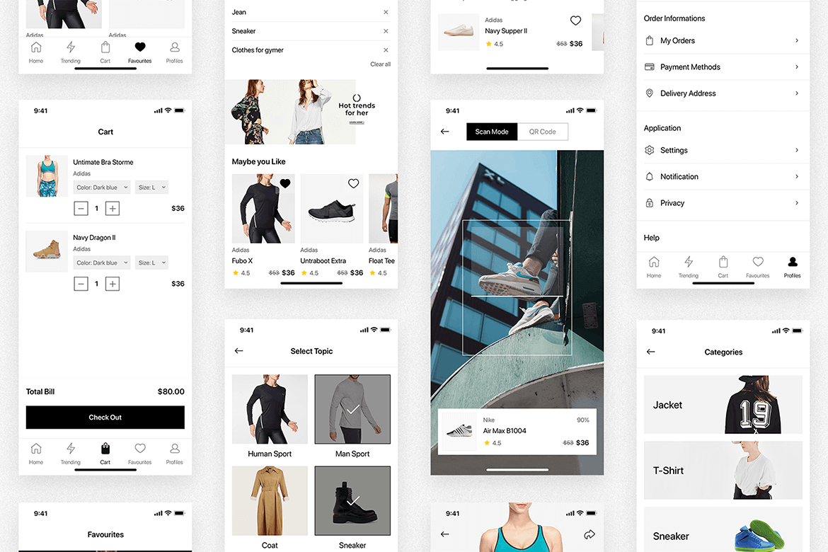 一套黑白色调时尚电商APP UI KIT