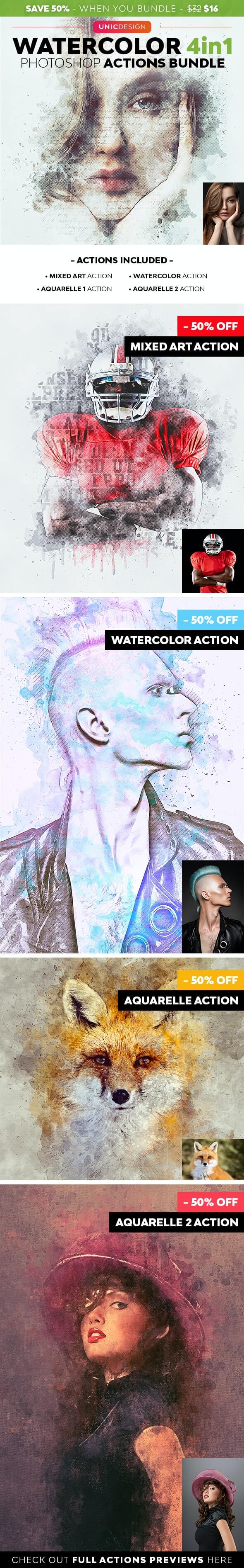4合1水彩艺术绘画效果PS动作套装