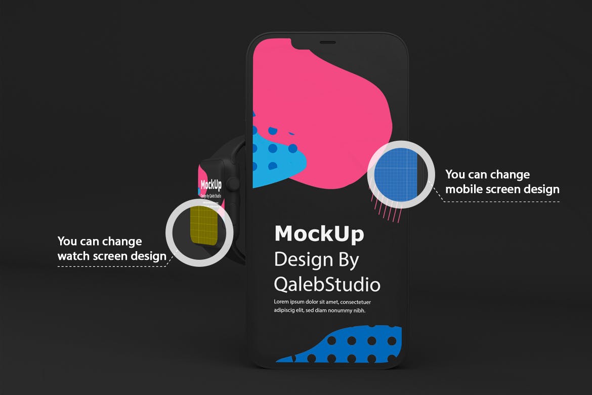 5个深色iPhone 12和Apple Watch APP UI样机PSD样机素材