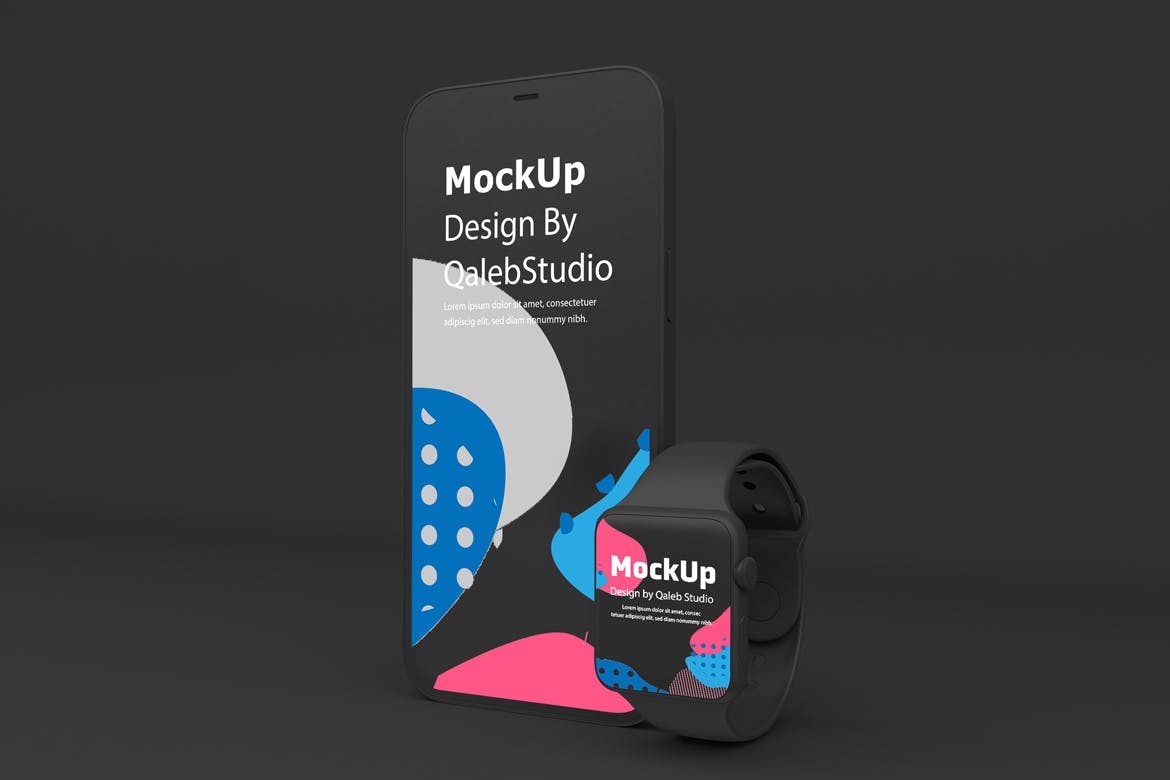 5个深色iPhone 12和Apple Watch APP UI样机PSD样机素材