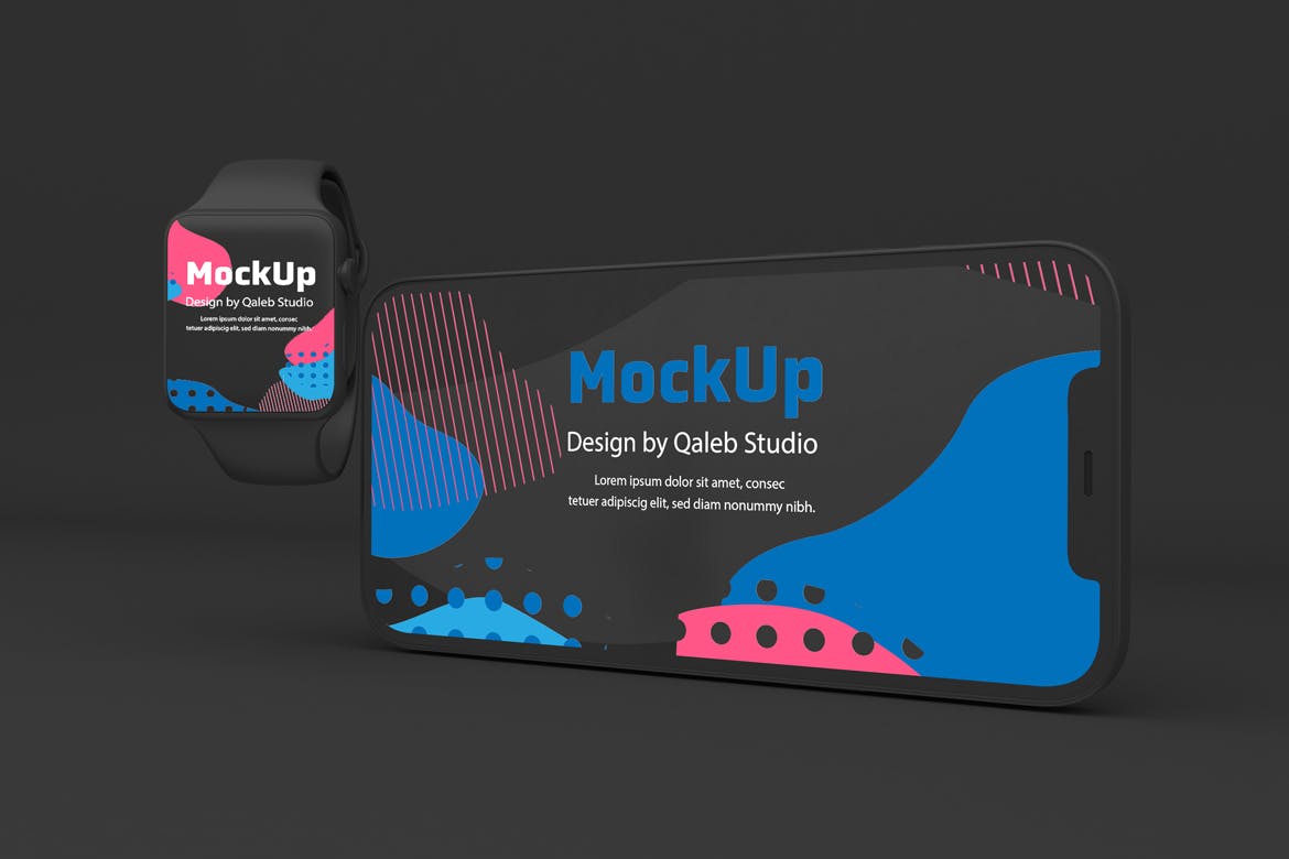 5个深色iPhone 12和Apple Watch APP UI样机PSD样机素材