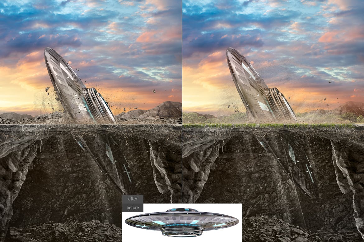 一键生成超逼真埋在地底透视平面广告效果（可调参数，PS动作）