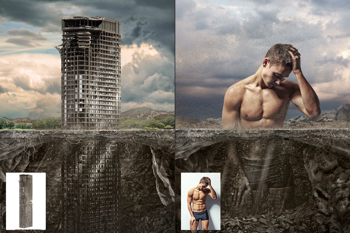 一键生成超逼真埋在地底透视平面广告效果（可调参数，PS动作）