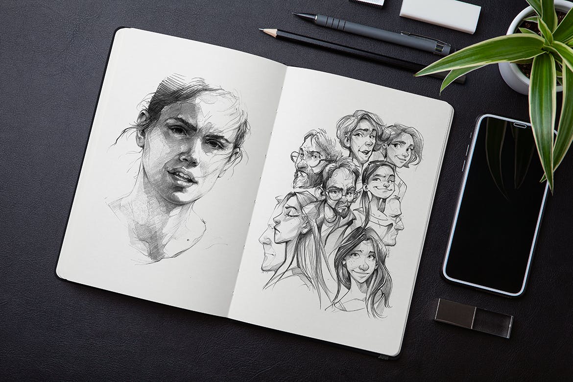 10个素描为主题的绘画本PSD样机素材