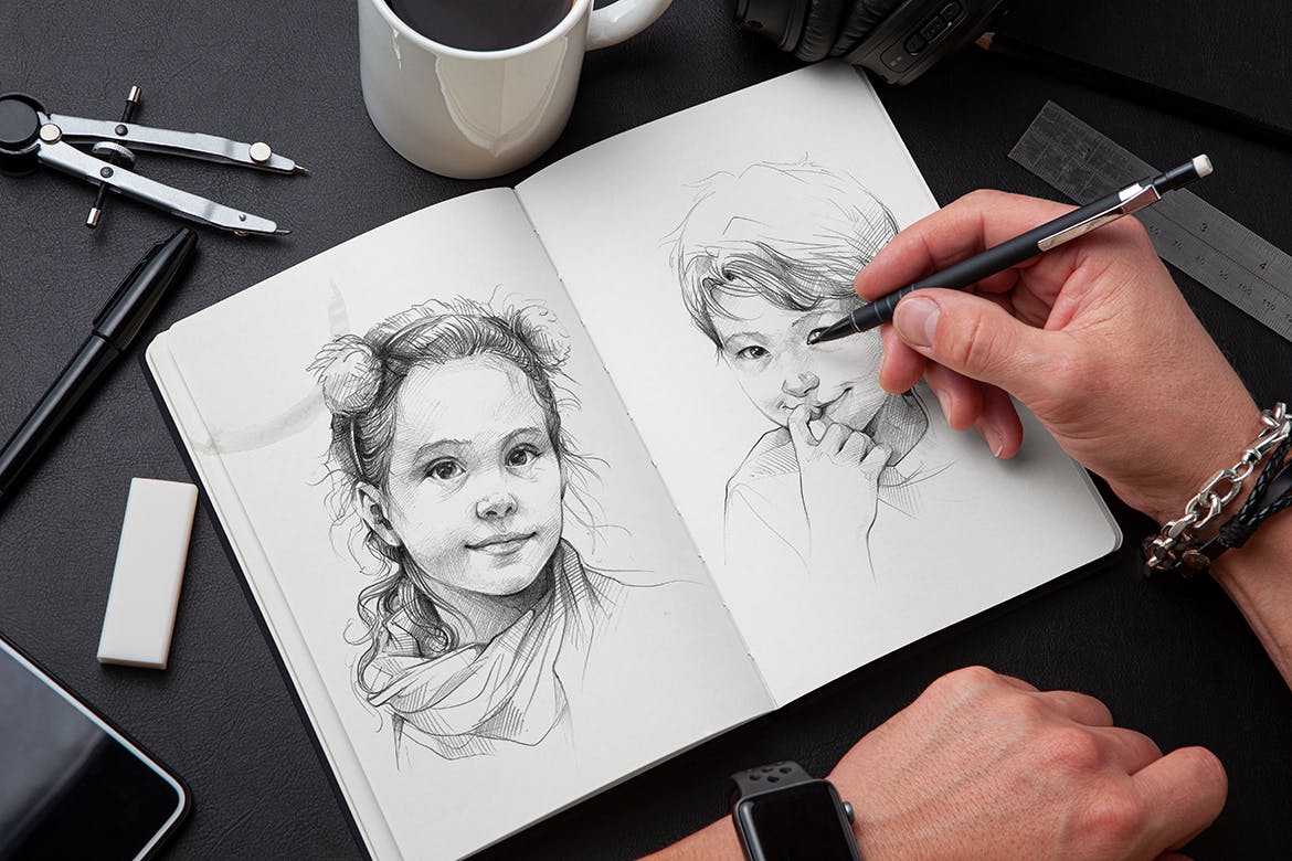 10个素描为主题的绘画本PSD样机素材