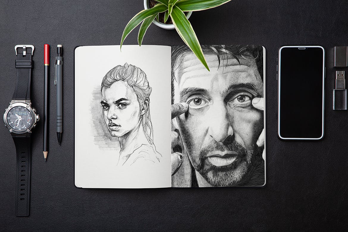 10个素描为主题的绘画本PSD样机素材