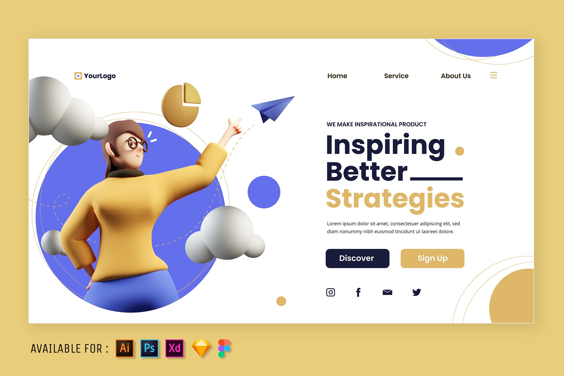 WEB网站3D人物插画风格首页模版素材
