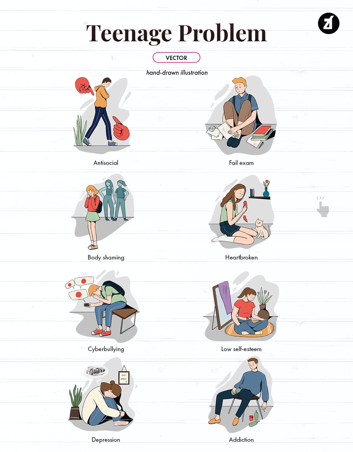 儿童青少年校园冷暴力主题矢量插画素材包