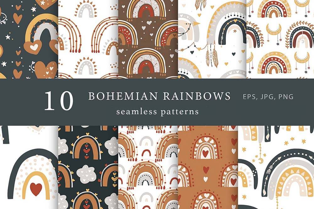 一组风格艳丽的波西米亚无缝背景矢量图案