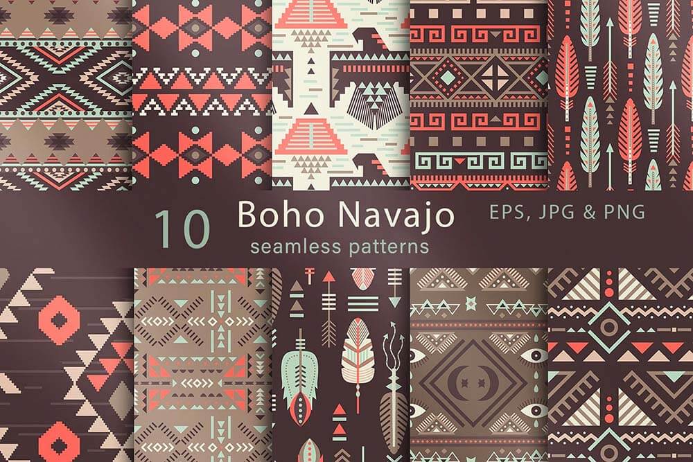 一组风格艳丽的波西米亚无缝背景矢量图案