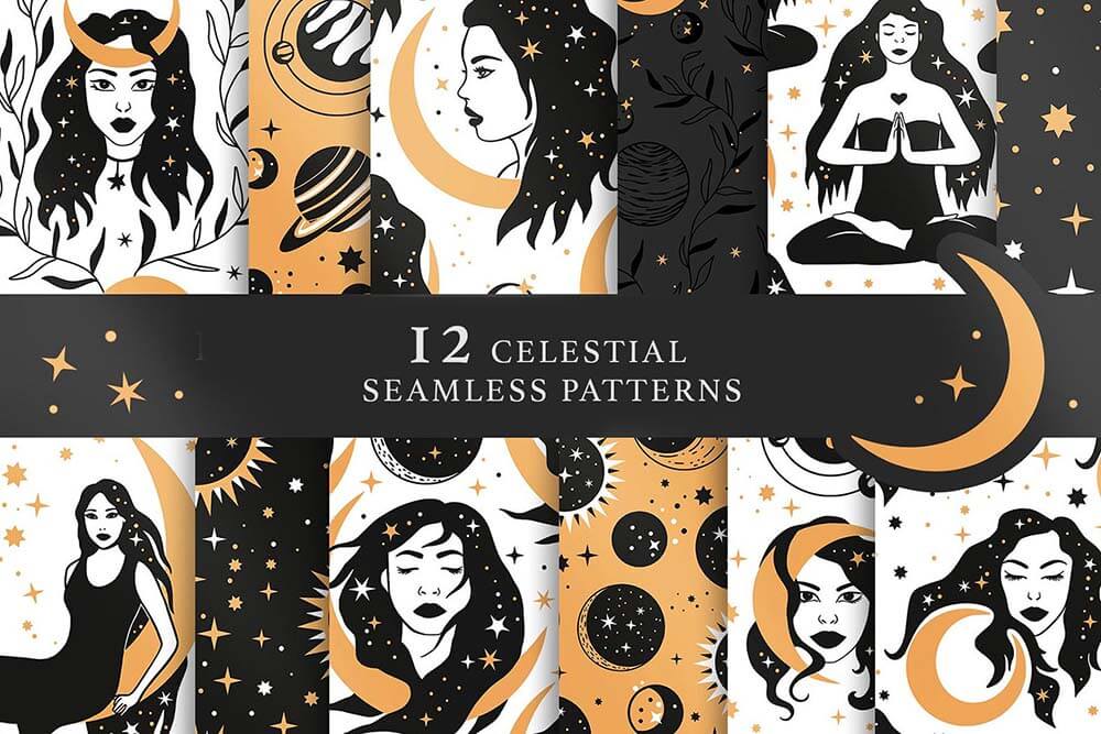 一组风格艳丽的波西米亚无缝背景矢量图案