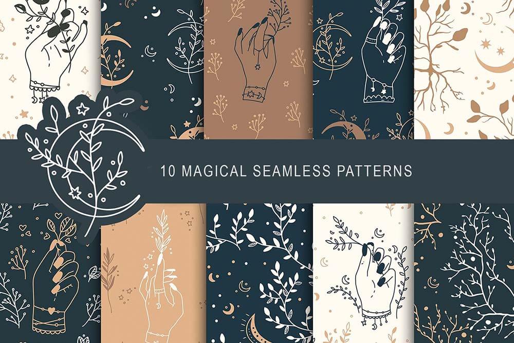 一组风格艳丽的波西米亚无缝背景矢量图案