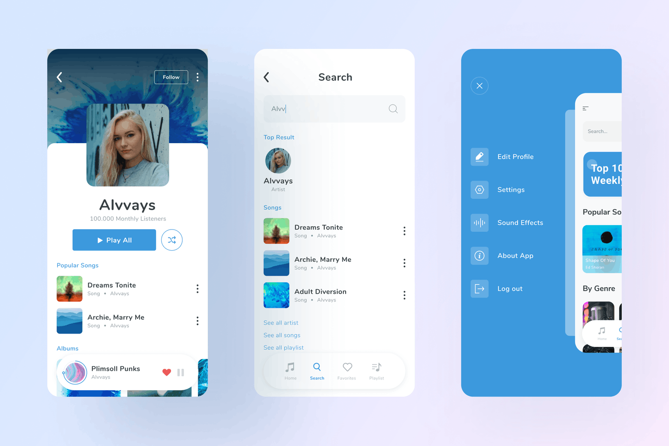 10个蓝色调音乐主题类流媒体数字音乐APP UI KIT素材包