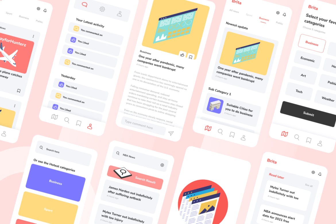 绚丽多彩简洁干净的新闻资讯APP UI素材包