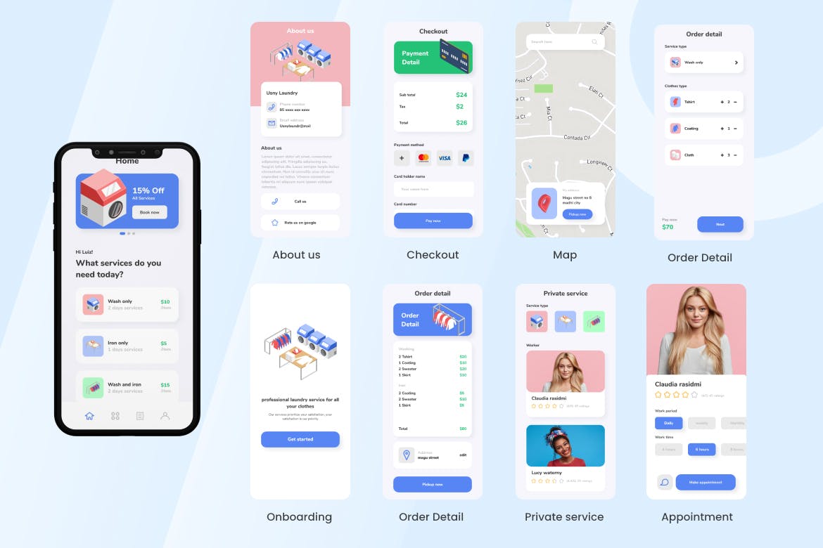 一套非常轻松的洗衣服务APP UI素材包
