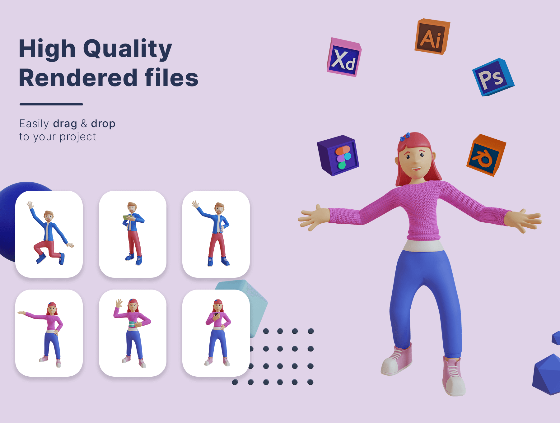 一男一女两个角色20个姿势3D设计素材包