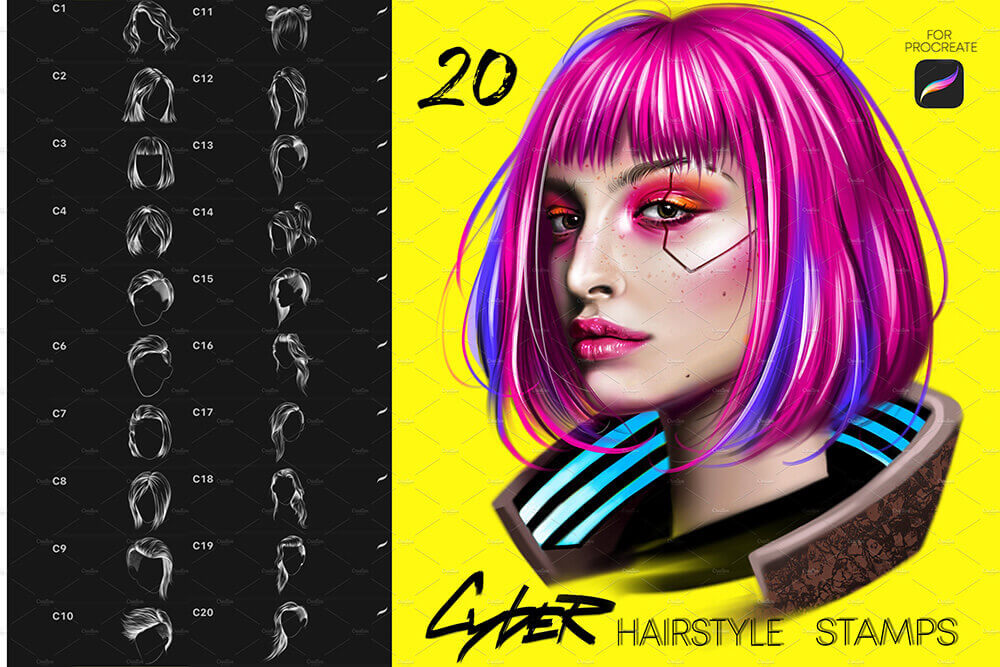 20个赛博朋克风格发型Procreate笔刷素材