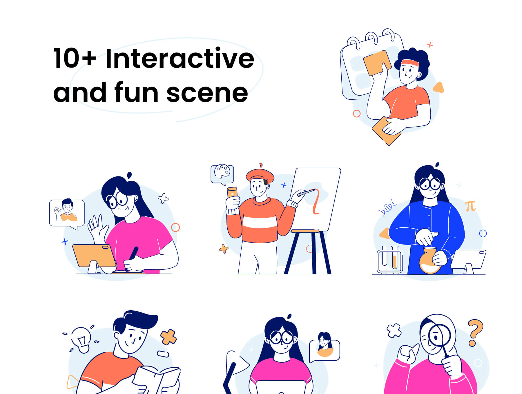 一套简单有趣的多彩学习主题插画素材包