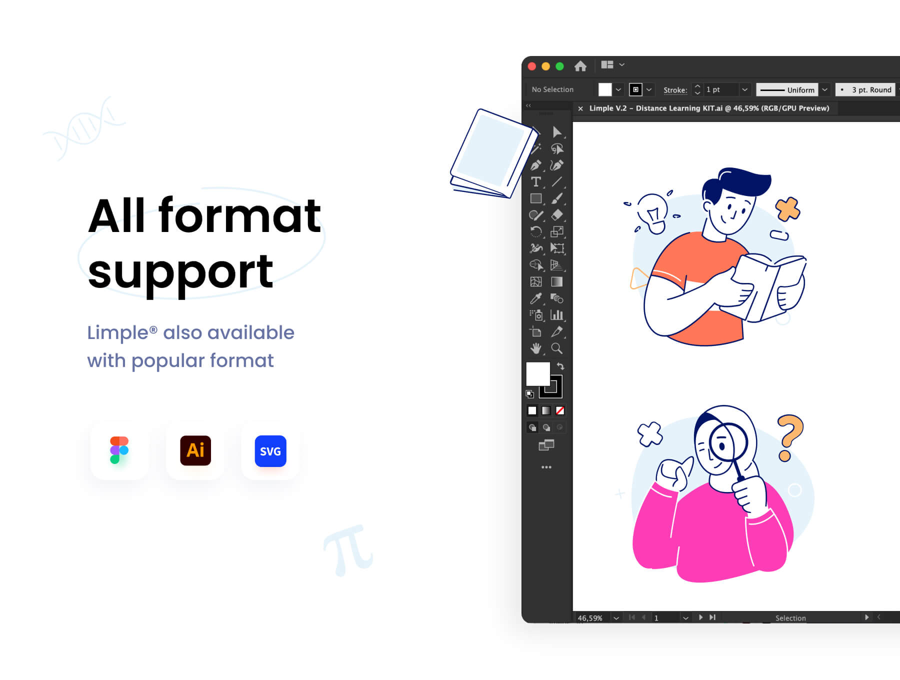 一套简单有趣的多彩学习主题插画素材包