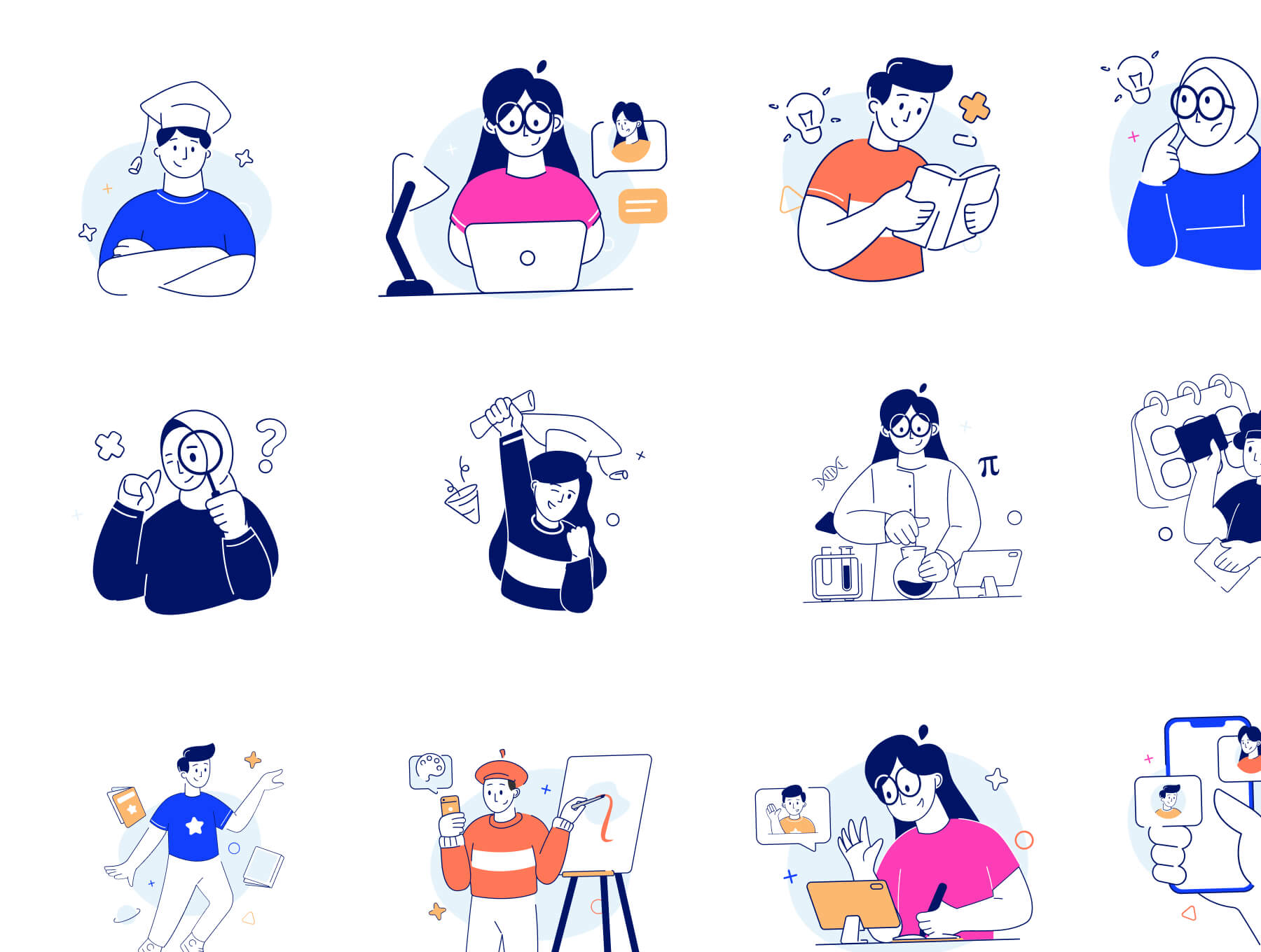 一套简单有趣的多彩学习主题插画素材包