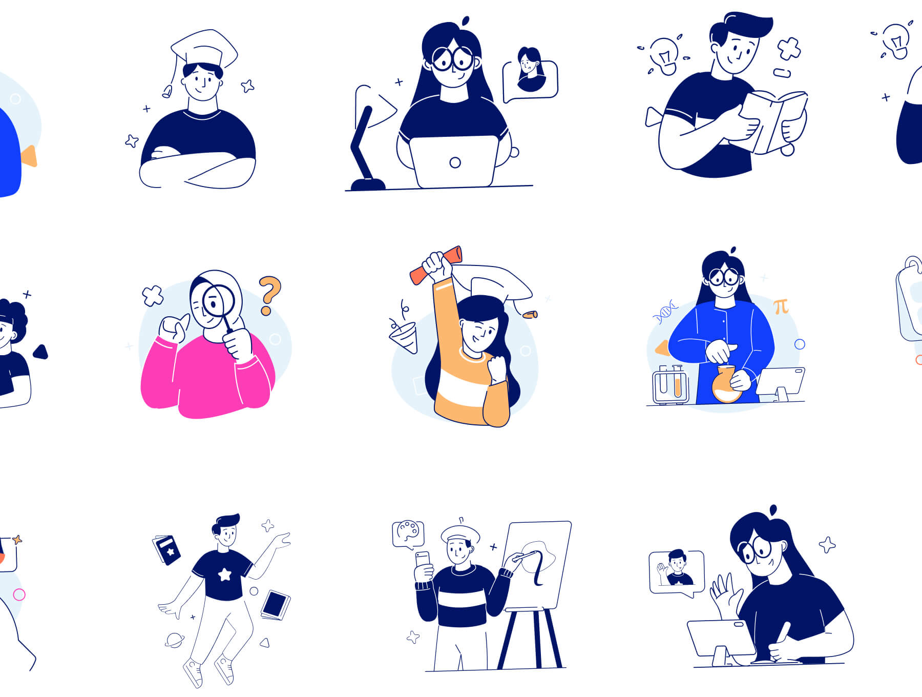 一套简单有趣的多彩学习主题插画素材包