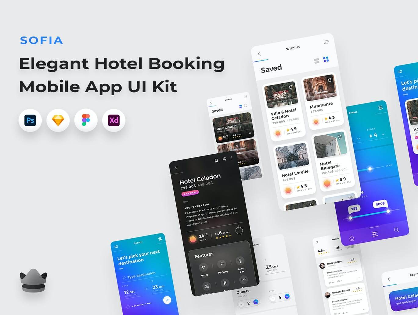 56个简洁耐看的酒店预订主题APP UI KIT素材包