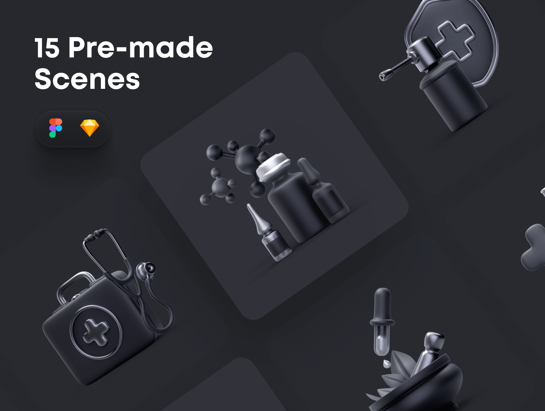 一套超酷暗黑3D医疗相关ICON素材