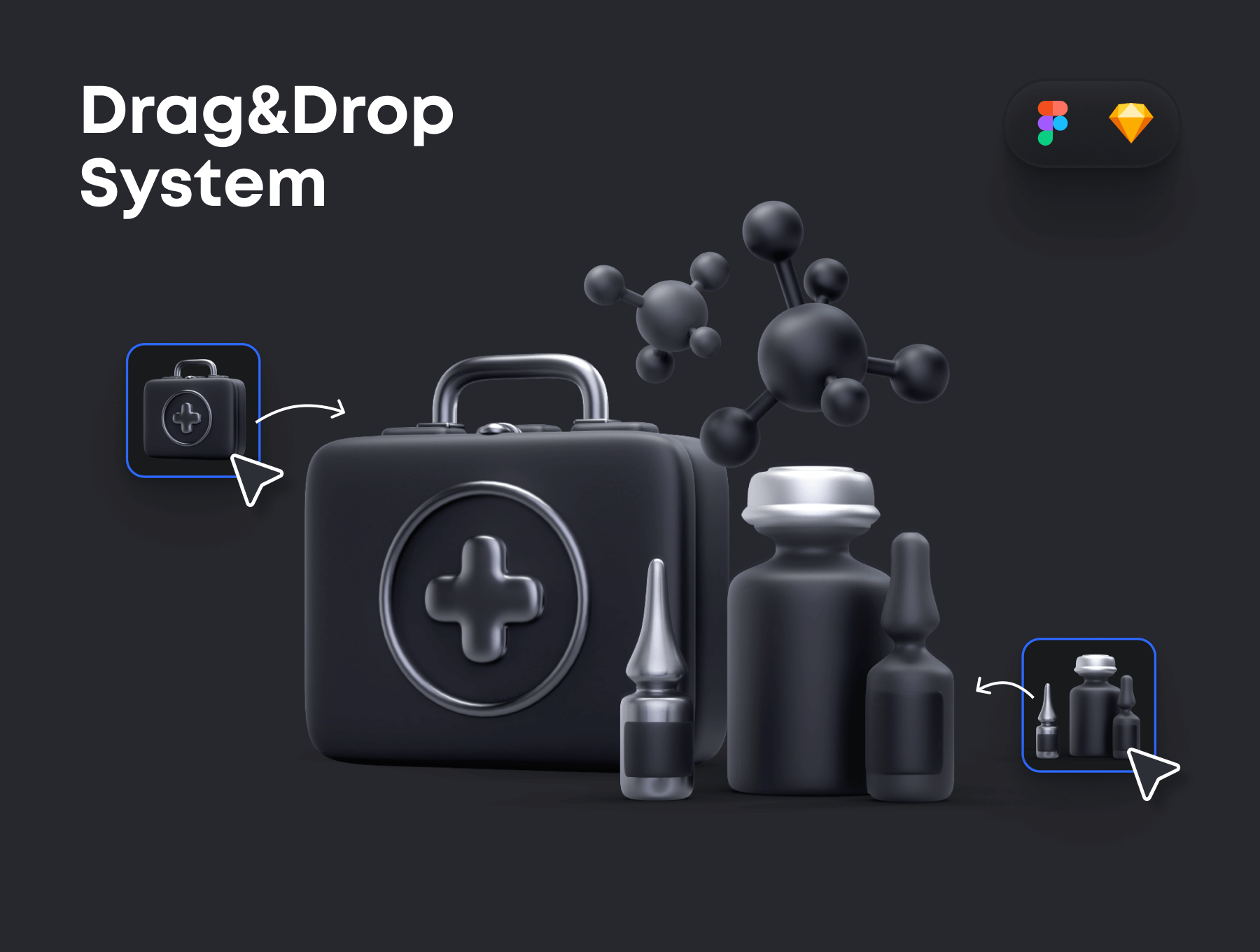 一套超酷暗黑3D医疗相关ICON素材