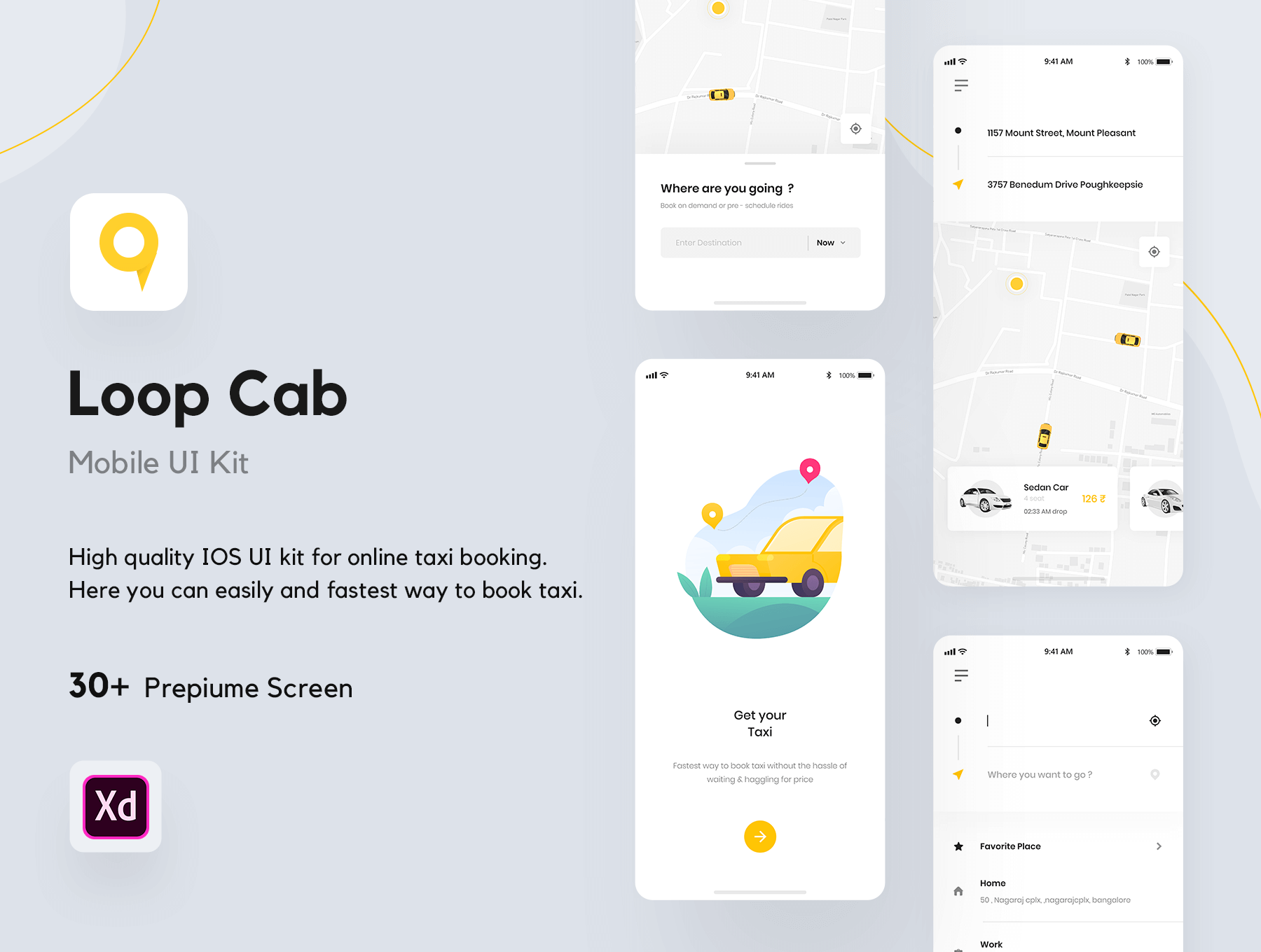 一套黄颜色主色调的出租车预订APP UI KIT素材