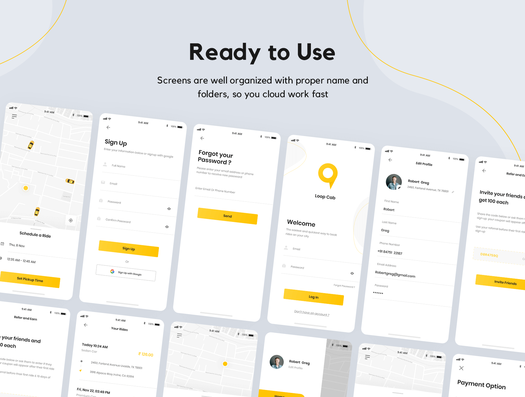 一套黄颜色主色调的出租车预订APP UI KIT素材