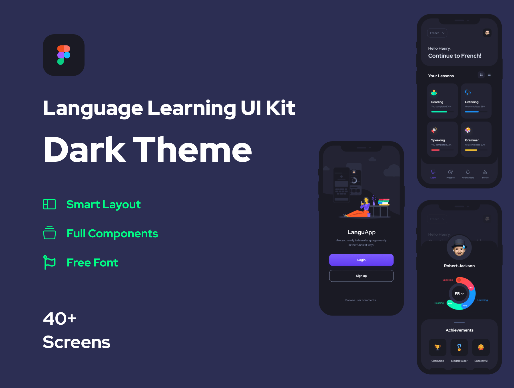 一套深色主题语言学习APP UI KIT素材